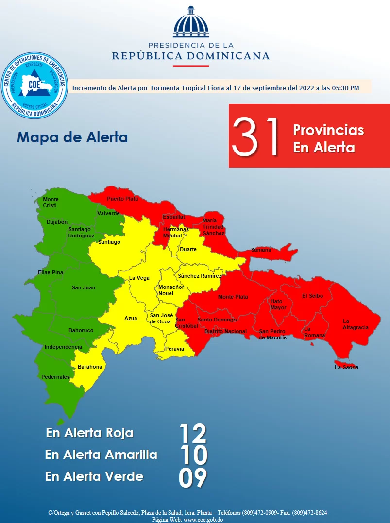 Alerta Roja ACTIVA en 12 provincias de RD por Fiona; María Trinidad Sánchez entre ellas